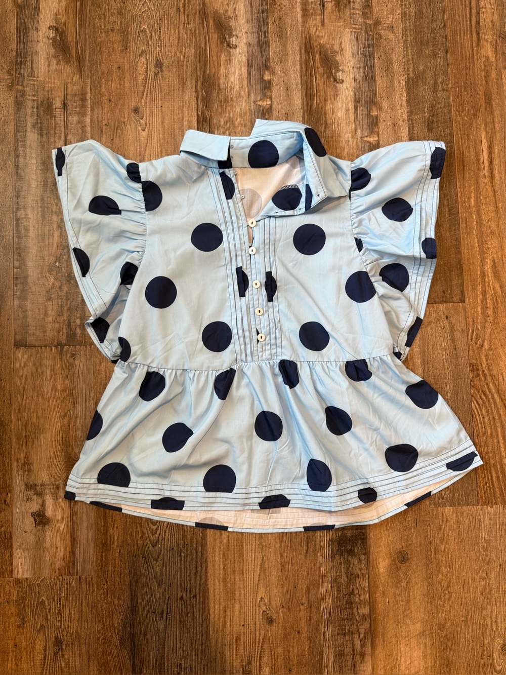 Light Blue Polka Dot Peplum Top with Navy Dots
